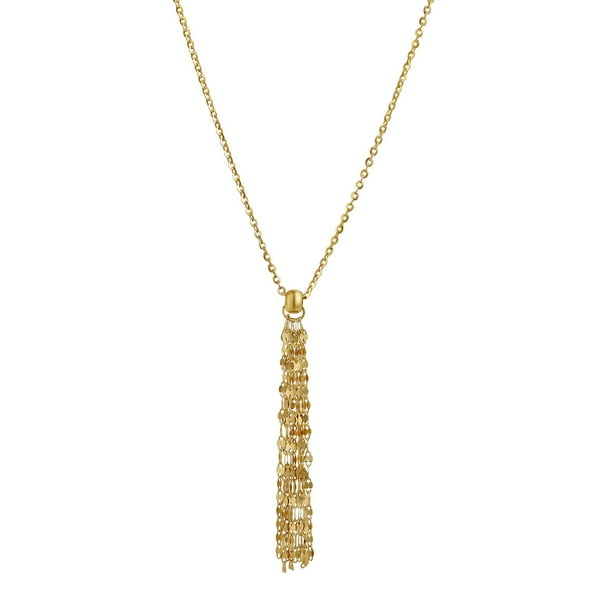 14K Yellow Diamond Cut Mirror Chain Tassle Necklace 18