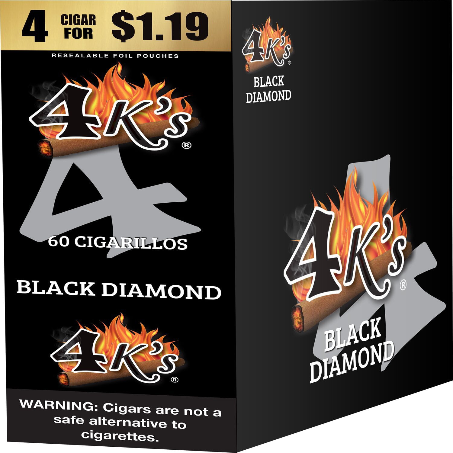 black diamond cigarettes 4K's Cigarillo Foil Pouch, Black Diamond Pre-Priced $1.19 for 4 cigars, 15  pack