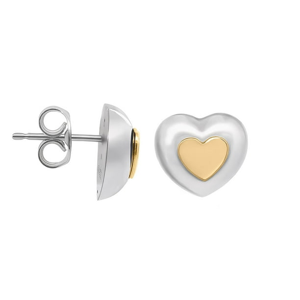 HEART SILVER EARRINGS 金 High Polish Puffy Heart Earrings in Sterling Silver & 14K Gold