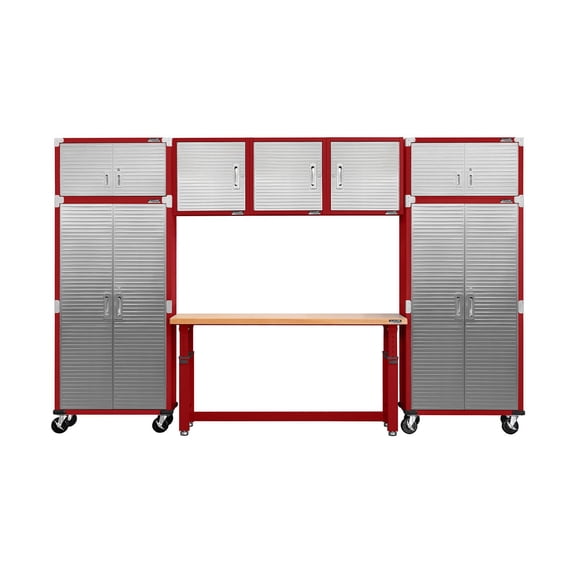 Seville Classics UltraHD 8-Piece Steel Garage Cabinet Storage Set With Height Adjustable Workbench, 12 Feet Wide Assorted Colors