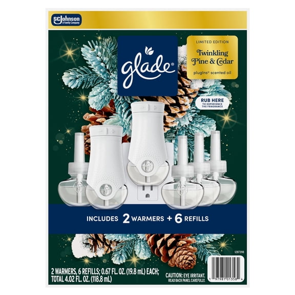 Glade PlugIns Scented Oil Air Freshener, Twinkling Pine & Cedar, 4.02 fl. oz., 2 Warmers + 6 Refills
