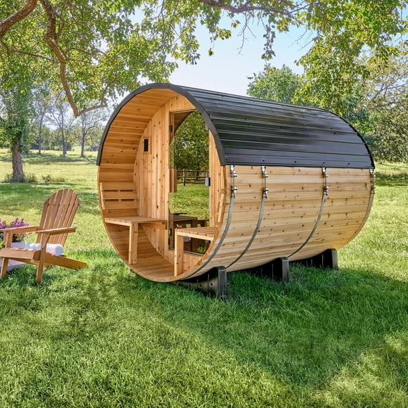 Backyard Discovery 4-6 Person Cedar Outdoor Barrel Sauna with Electric Heater & Porch