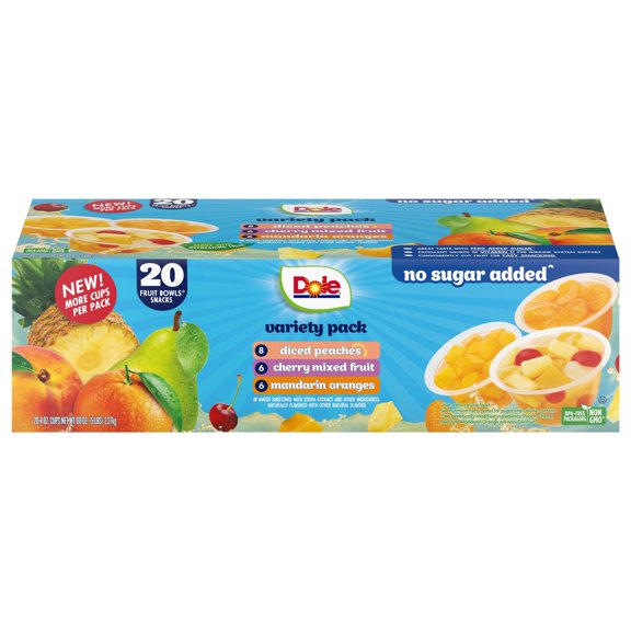 Dole No Sugar Added Fruit Bowls in Water, Variety Pack, 4 oz., 20 pk.