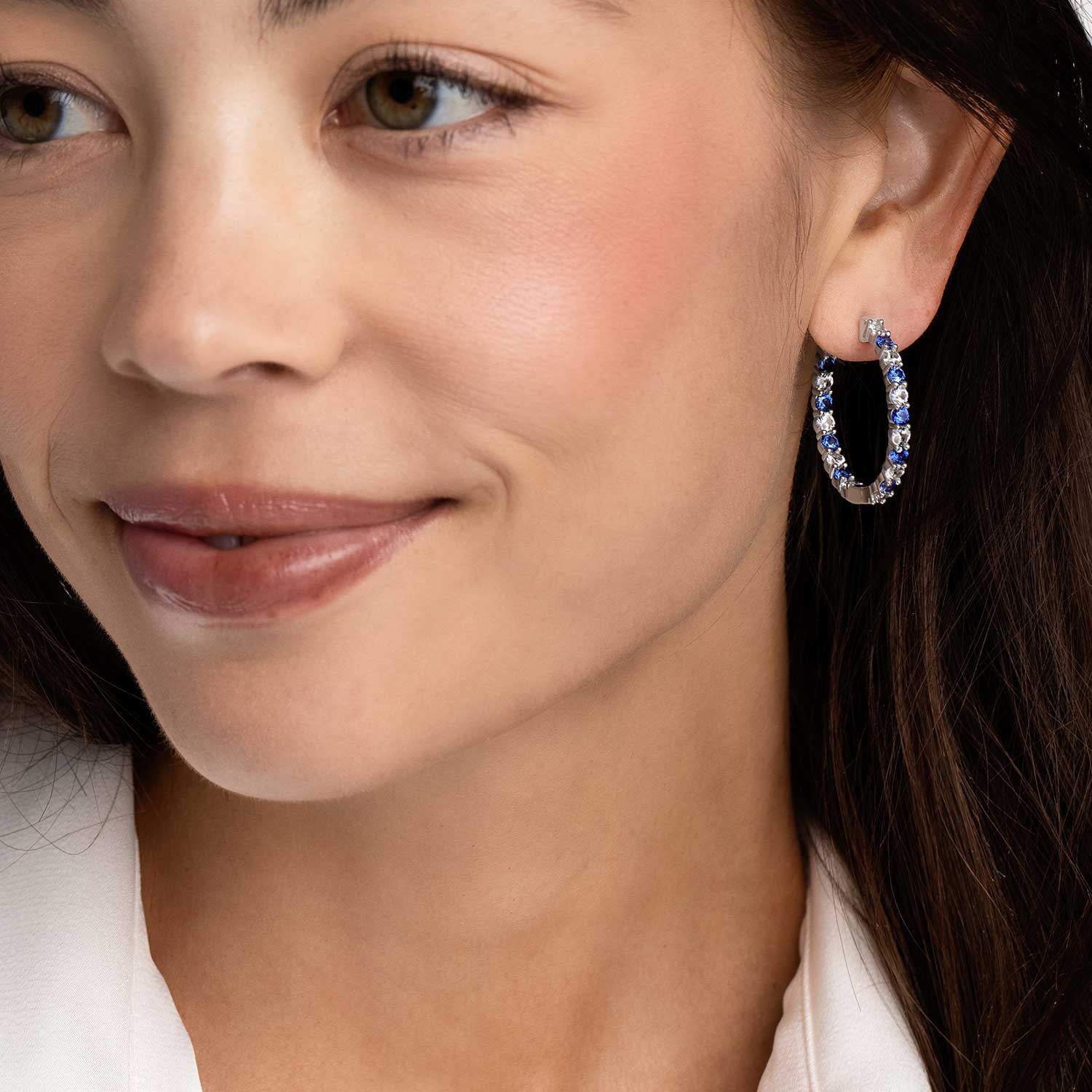 Sterling Silver Infinity Twist Braid Huggie Hoop Earrings With Blue Sapphire & White CZ (15mm) - View #9