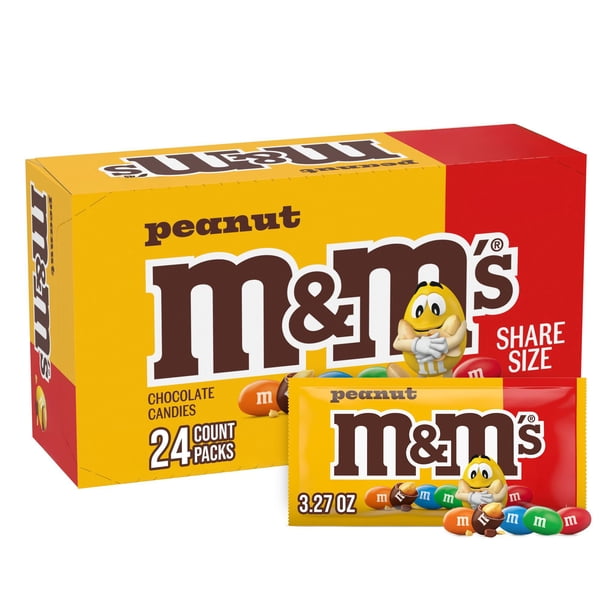 M&M'S Peanut Milk Chocolate Candy, Share Size, 3.27 oz., 24 pk