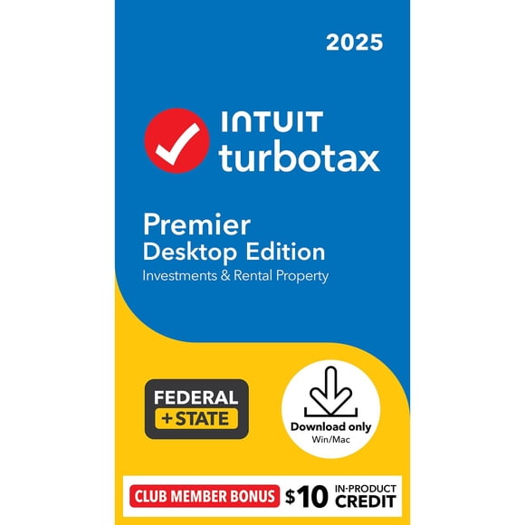 TurboTax Premier 2025 Physical Package, Federal & State Returns + Federal E-file + $10 In-Product Credit (Win 11, Mac 14)