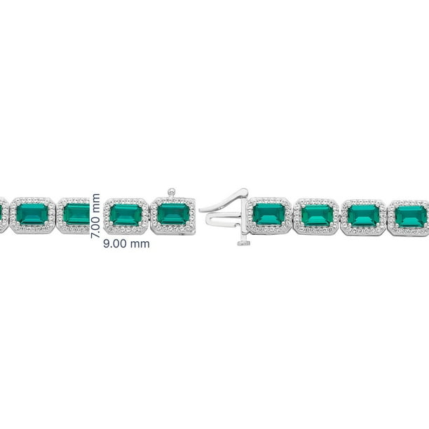 Emerald Cut Lab Created Gemstone Halo Tennis Bracelet in Sterling
