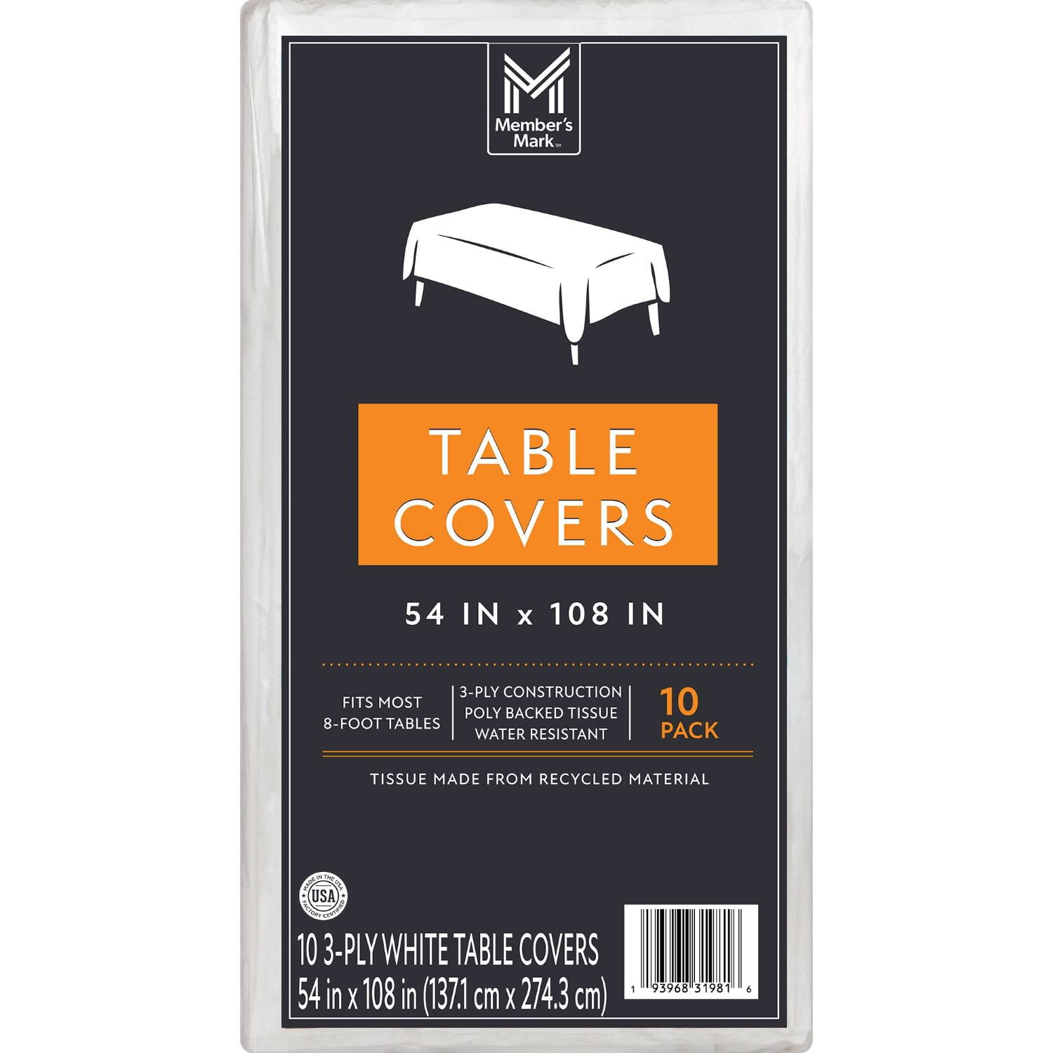 Member's Mark White 3-Ply Tissue Tablecovers, 54