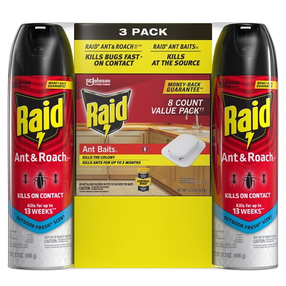 Raid Ant & Roach 17.5 oz Aerosol, 2pk with 8-Count Bait Mixed Pack