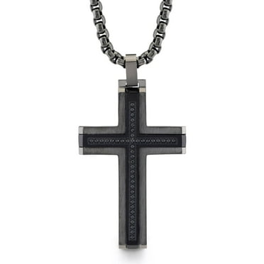 Spartan Stainless Steel with Black Spinel Gemstones Men's Cross Pendant Necklace
