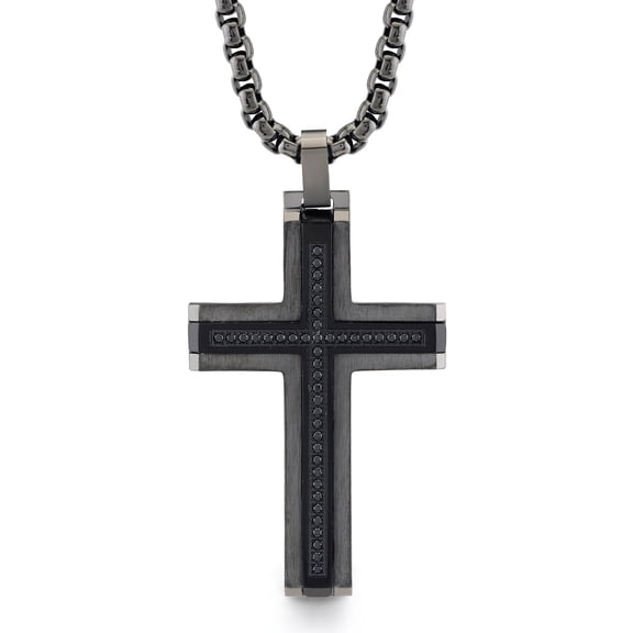 Spartan Stainless Steel with Black Spinel Gemstones Men's Cross Pendant Necklace