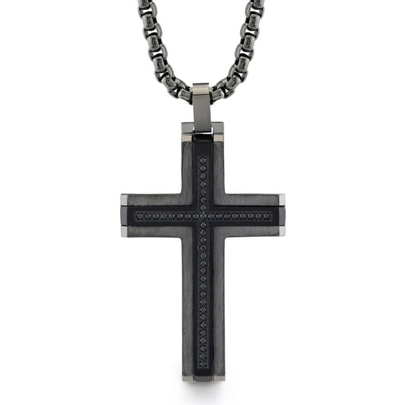Spartan Stainless Steel with Black Spinel Gemstones Men's Cross Pendant Necklace