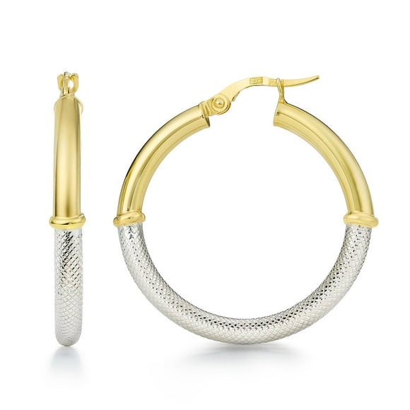 Two Tone High Polish & Textured Hoop Earrings in 14K Gold
