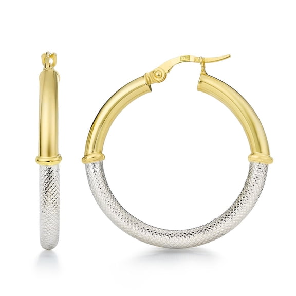 Two Tone High Polish & Textured Hoop Earrings in 14K Gold