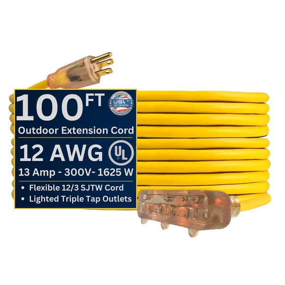 US Wire and Cable 12/3 Gauge Lighted Heavy Duty SJTW General Purpose Triple Tap Extension Cords 50' or 100'