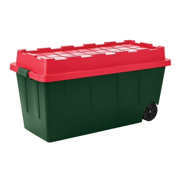 Member's Mark 64 Gallon Heavy-Duty Red & Green Wheeled Latch Storage Tote, 21.1" D x 46.5" W x 23.2" H