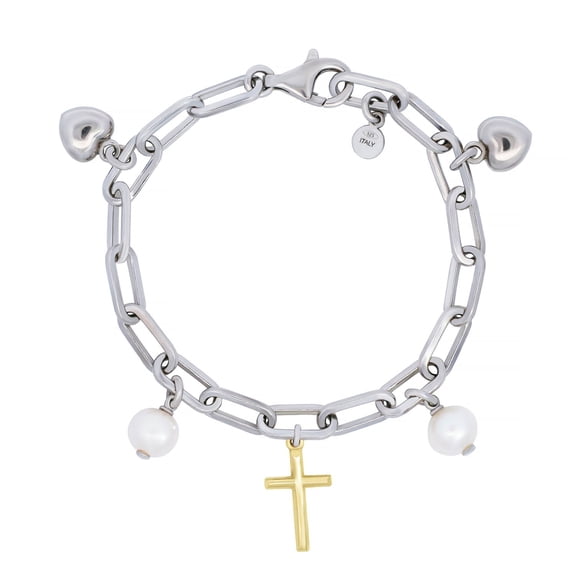 Paperclip Cross Pearl Bracelet in Italian Sterling Silver and 14K Gold