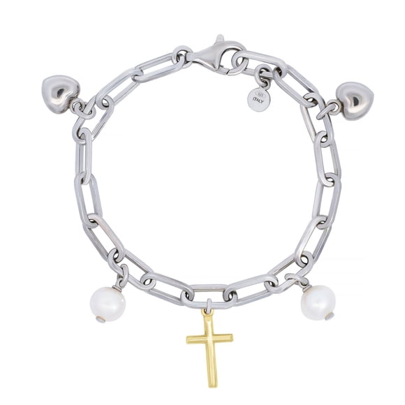 Paperclip Cross Pearl Bracelet in Italian Sterling Silver and 14K Gold