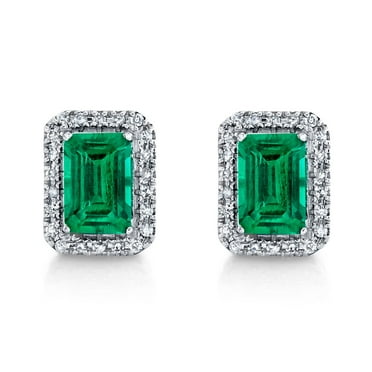 Emerald Cut Lab Created Gemstone & 0.11 CT. T.W. Diamond Stud Earrings in Sterling Silver
