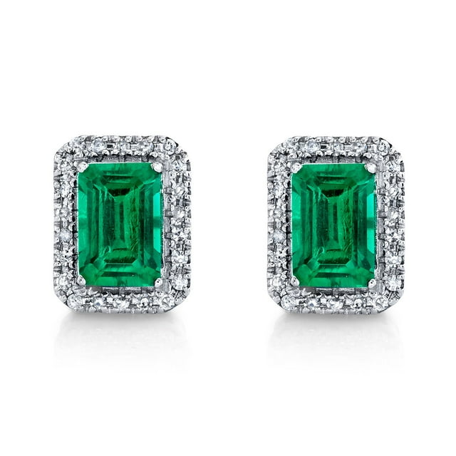 Emerald Cut Lab Created Gemstone & 0.11 CT. T.W. Diamond Stud Earrings in Sterling Silver