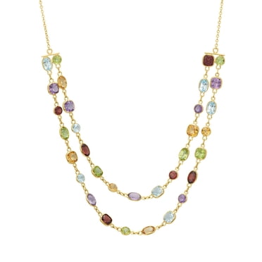 Multi-Gemstone Double Layered Station Necklace in 14K Gold