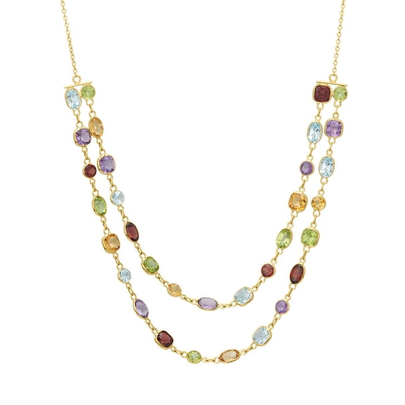 Multi-Gemstone Double Layered Station Necklace in 14K Gold