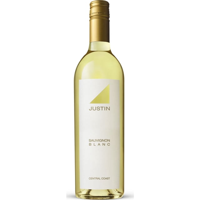 justin sauvignon blanc, 750 ml Front-facing 750 ml Justin Sauvignon Blanc bottle with pale straw wine in clear glass, gold screw cap and minimalist white label showing a gold diagonal triangle, 'JUSTIN' wordmark, 'SAUVIGNON BLANC' and 'Central Coast' appellation; often enjoyed chilled with citrus-driven pairings.