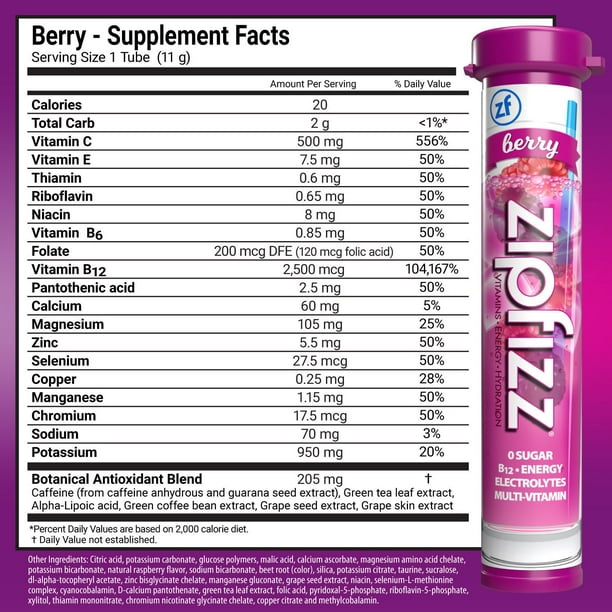 Zatiページ Zipfizz Energy Multi-Vitamin Hydration Drink Mix, Berry, 20 ct