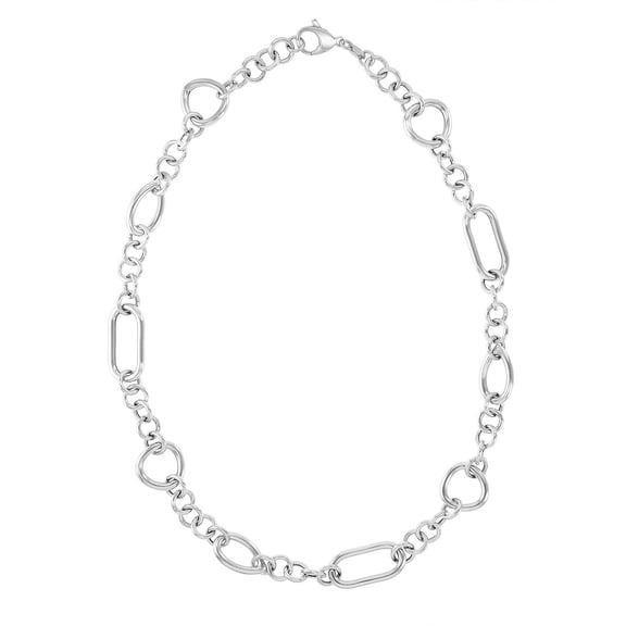 High Polish Abstract Oval & Round Mix Link Necklace in Sterling Silver