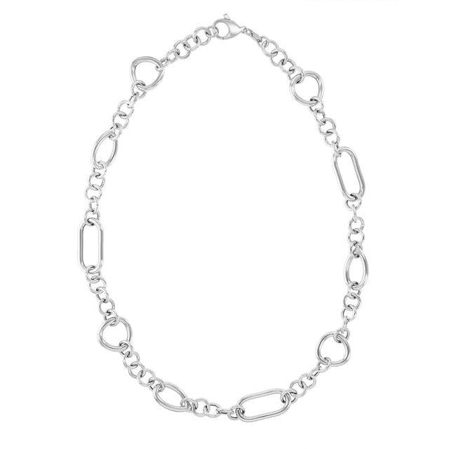 High Polish Abstract Oval & Round Mix Link Necklace in Sterling Silver