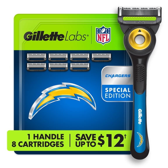 Gillette Labs Official Chargers Licensed Men's Razor, Handle + 8 Cartridges