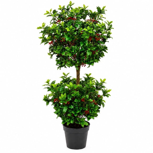 Artificial 4' Holly Berry Double Ball Topiary in Black Grower's Pot