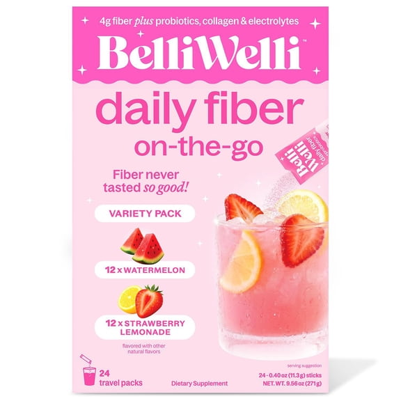 BelliWelli 4-in-1 Daily Fiber Powder Supplement, Strawberry Lemonade and Watermelon Variety Stick Pack (24 ct.)
