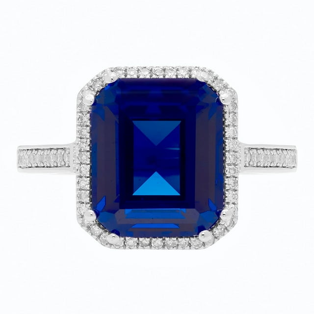 Lab Created Emerald Cut Gemstone and Diamond Ring in Sterling Silver