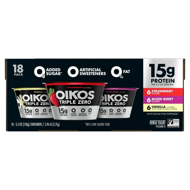 Oikos Triple Zero Nonfat Blended Greek Yogurt Variety Pack, 5.3 oz., 18 ct.