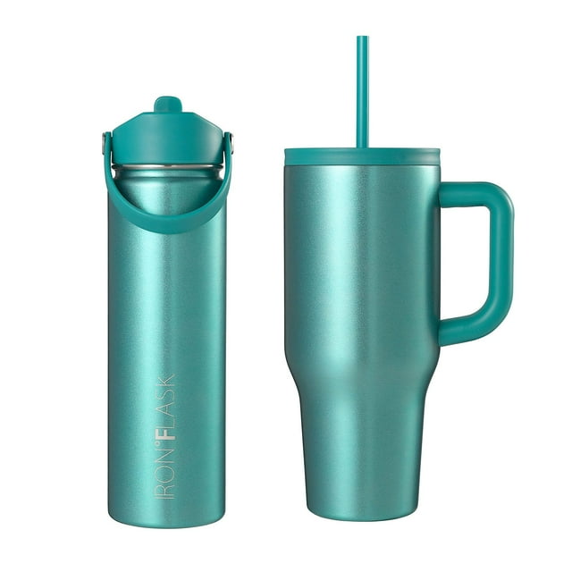 Iron Flask Stainless Steel Insulated Water Bottle 2 Pack, 22oz Wide Mouth & 32oz Straw Tumbler, Assorted Color