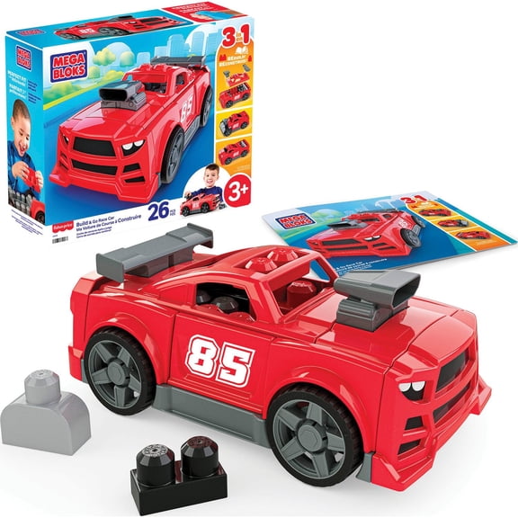 MEGA BLOKS Build & Go Race Car Block Toy with Rolling Wheels, 26 pc.