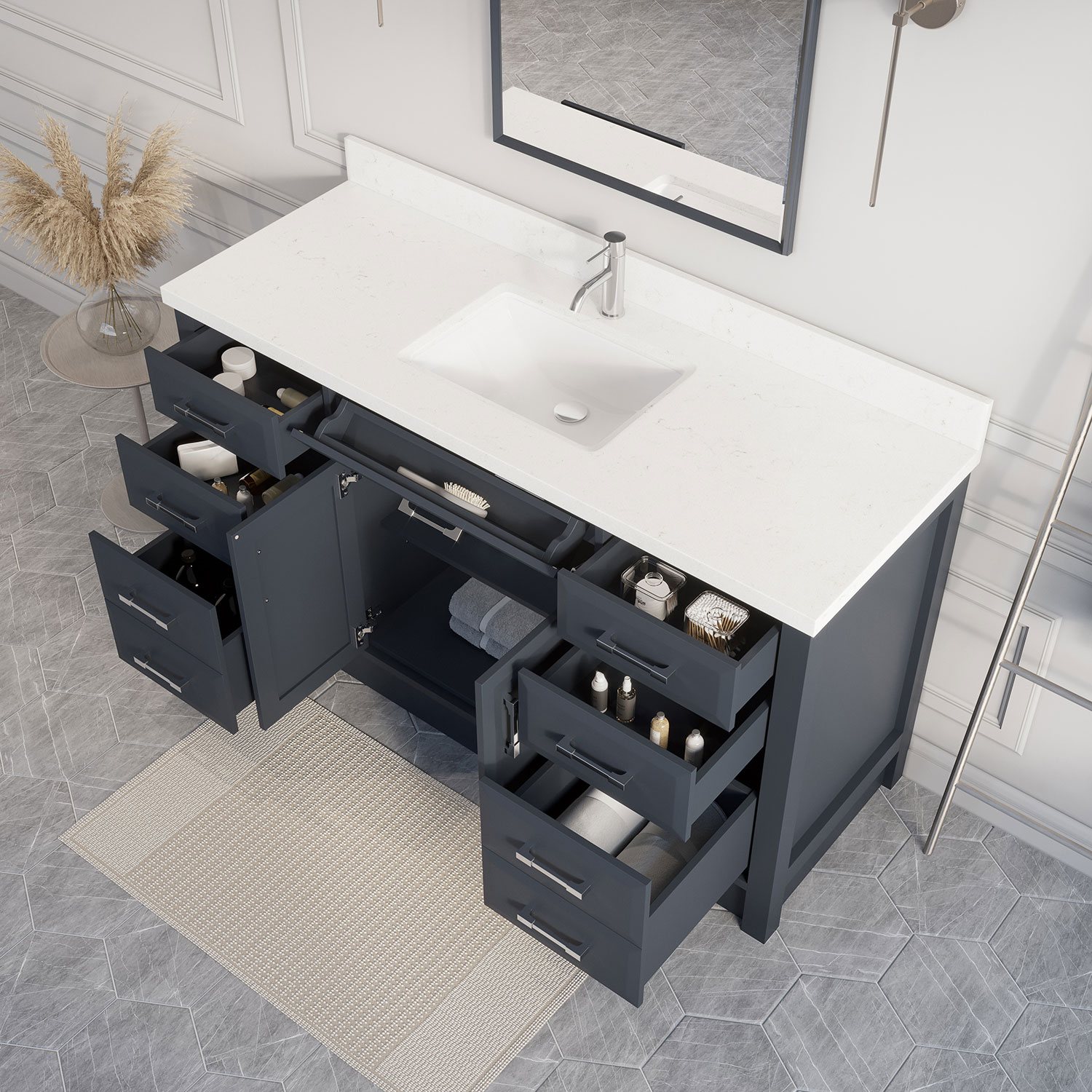 Open drawers showing bathroom contents