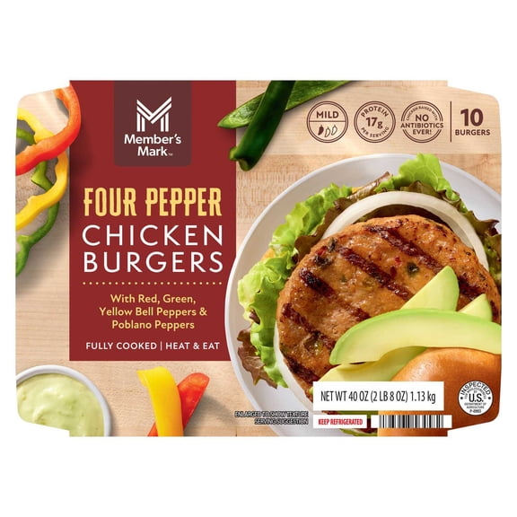Member's Mark Four Pepper Chicken Burger, 4 oz. each, 10 pk.