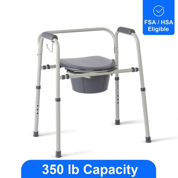 Medline Steel 3-in-1 Bedside Commode, Portable Toilet with Microban Protection, Gray