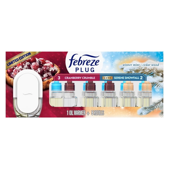 Febreze PLUG Air Freshener, Cranberry Crumble & Serene Snowfall, 1 Warmer + 5 Refills, 4.35 fl. oz.