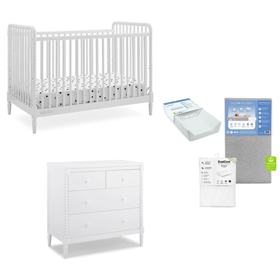 Delta Children Sawyer 5-Piece Nursery Furniture Set - 4-in-1 Convertible Crib, Dresser, Crib Mattress, Changing Pad & Mattress Protector, Choose Color
