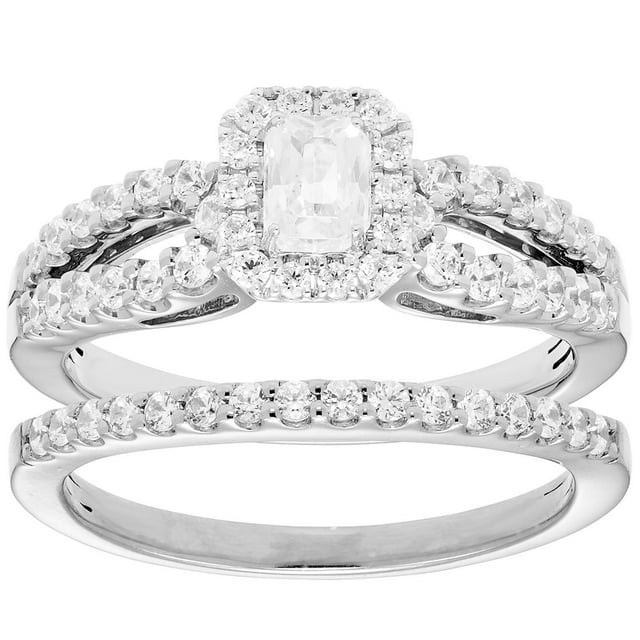 1.00 CT. T.W. Emerald Cut Halo Diamond Ring & Band in 14K Gold
