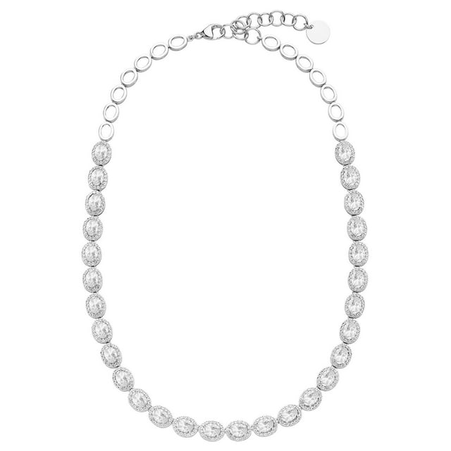 Oval Cut Lab Created Gemstone Halo Tennis Necklace in Sterling Silver