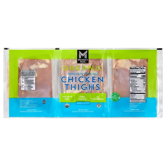 Member's Mark Organic Boneless Skinless Chicken Thighs, priced per pound