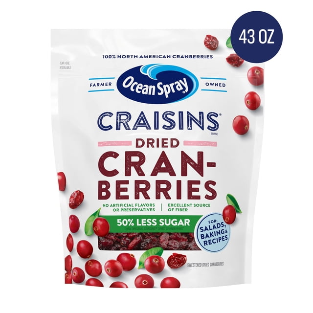 Ocean Spray® Craisins®, 50% Less Sugar Dried Cranberries, Dried Fruit, 43 oz.