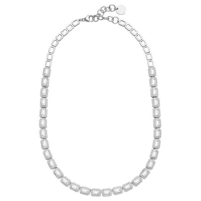 Emerald Cut Lab Created Gemstone Halo Tennis Necklace in Sterling Silver