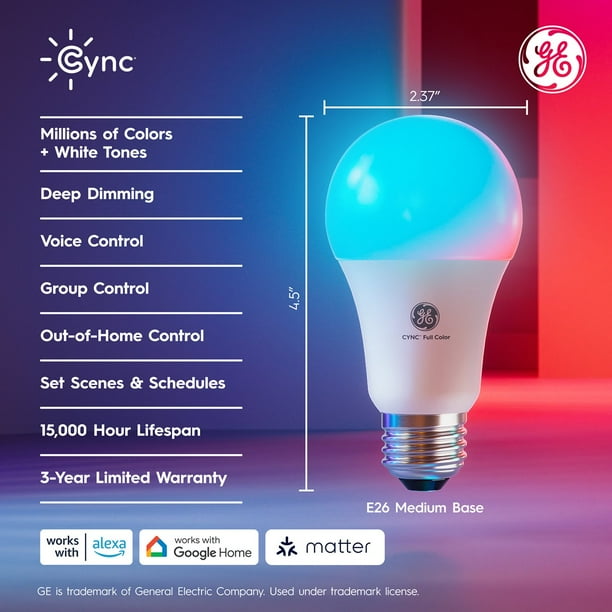 GE Cync Direct Connect A19 Smart LED Light Bulbs, Color Changing