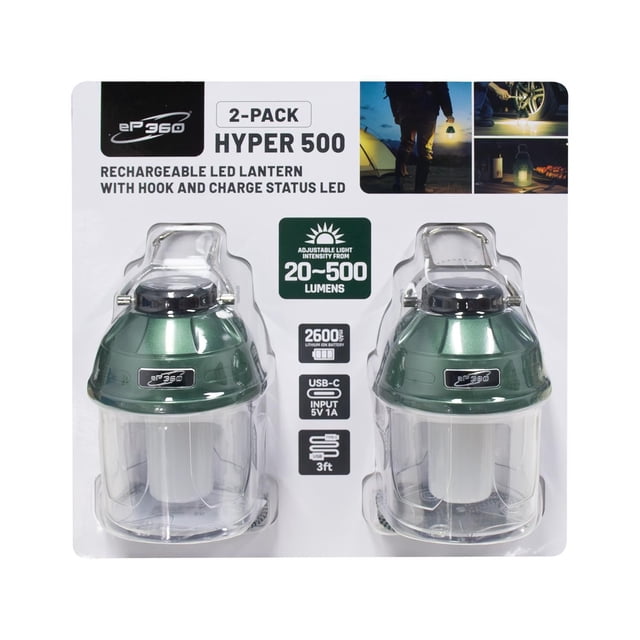 eP360 Hyper 500 Rechargeable LED Lantern with Folding Carabiner, 2-Pack