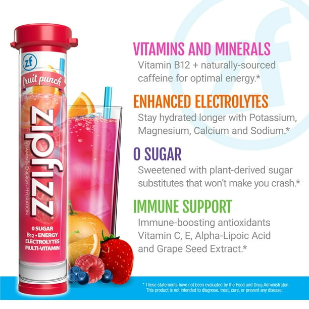 Zipfizz Energy Multi-Vitamin Hydration Drink Mix, Fruit Punch, 20